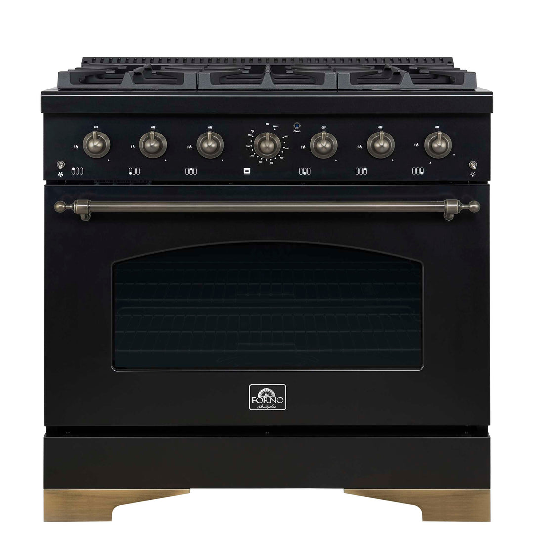 Forno Antico 36-inch Dual Fuel Range, Black and Antique Brass, 6 Burners, 4.5 cu.ft. Convection Oven