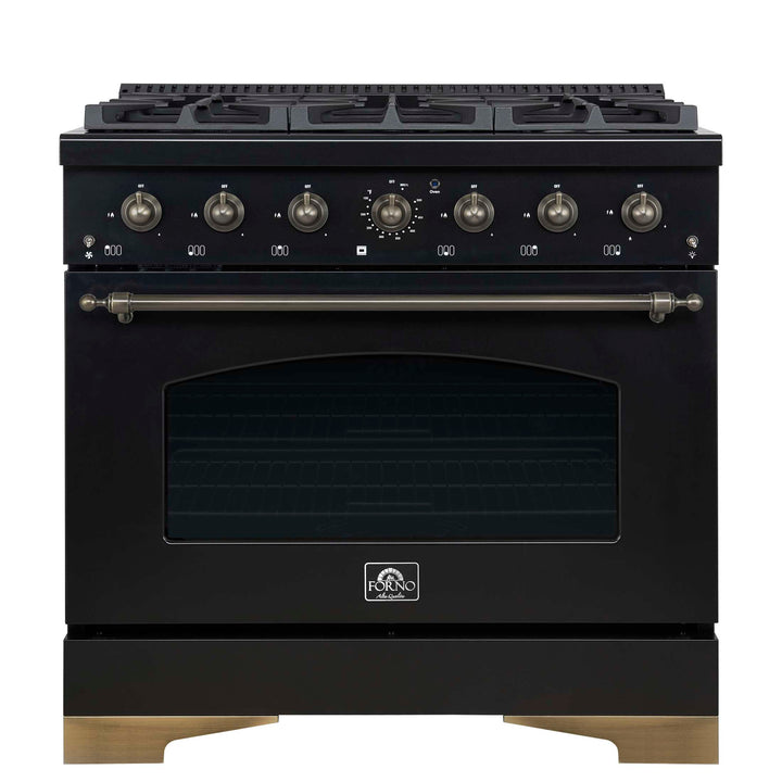 Forno Antico 36-inch Dual Fuel Range, Black and Antique Brass, 6 Burners, 4.5 cu.ft. Convection Oven