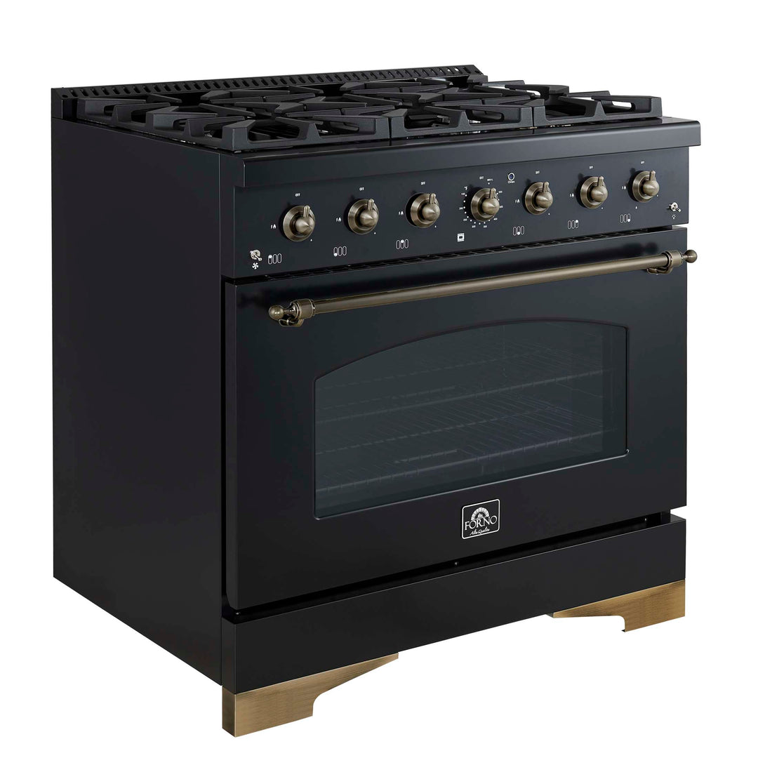 Forno Antico 36-inch Dual Fuel Range, Black and Antique Brass, 6 Burners, 4.5 cu.ft. Convection Oven