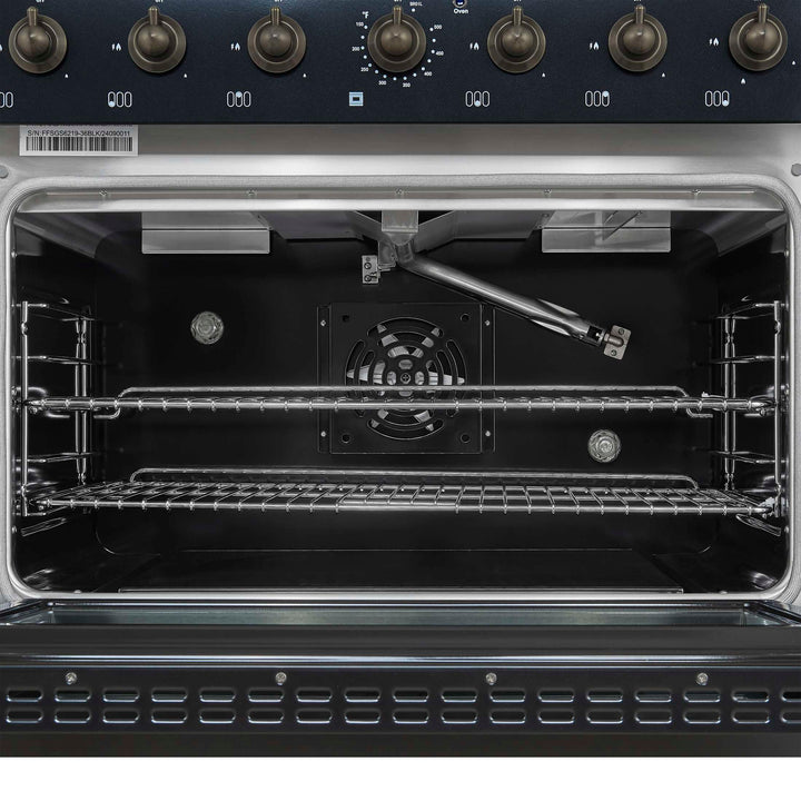 Forno Antico 36-inch Dual Fuel Range, Black and Antique Brass, 6 Burners, 4.5 cu.ft. Convection Oven