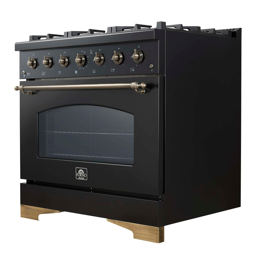 Forno Antico 36-inch Dual Fuel Range, Black and Antique Brass, 6 Burners, 4.5 cu.ft. Convection Oven