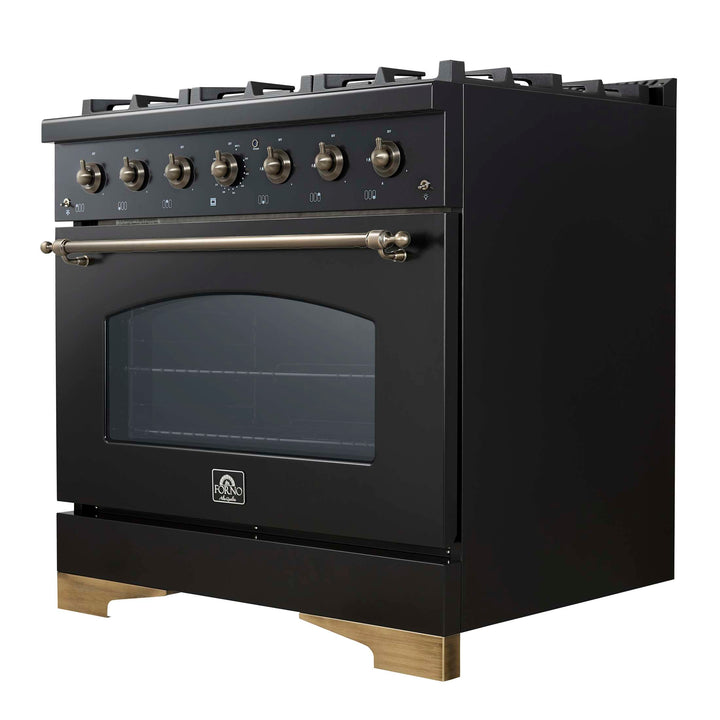 Forno Antico 36-inch Dual Fuel Range, Black and Antique Brass, 6 Burners, 4.5 cu.ft. Convection Oven