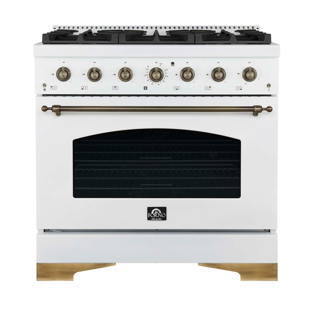 Forno Antico 36-inch Dual Fuel Range White and Antique Brass Design with 6 Sealed Gas Burners and Electric Convection Oven