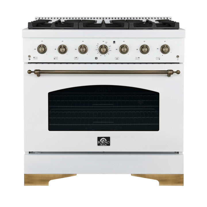Forno Antico 36-inch Dual Fuel Range White and Antique Brass Design with 6 Sealed Gas Burners and Electric Convection Oven