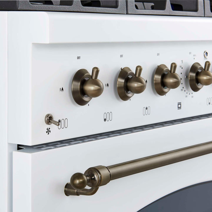 Forno Antico 36-inch Dual Fuel Range White and Antique Brass Design with 6 Sealed Gas Burners and Electric Convection Oven