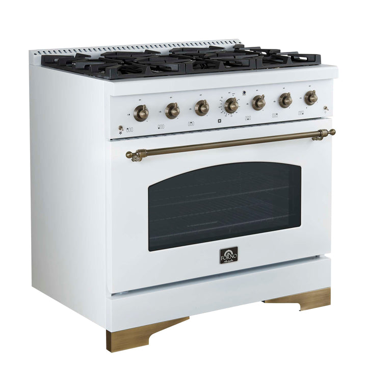 Forno Antico 36-inch Dual Fuel Range White and Antique Brass Design with 6 Sealed Gas Burners and Electric Convection Oven