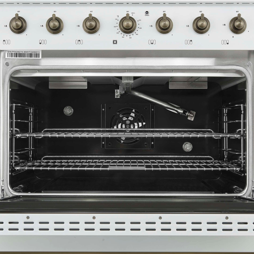 Forno Antico 36-inch Dual Fuel Range White and Antique Brass Design with 6 Sealed Gas Burners and Electric Convection Oven