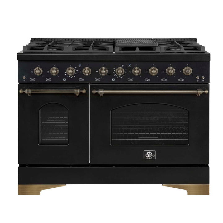 Forno Antico 48-Inch Dual Fuel Range, Black with Antique Brass Finish, 8 Burners, 94,000 BTU, 5.5 cu.ft. Double Ovens & Griddle