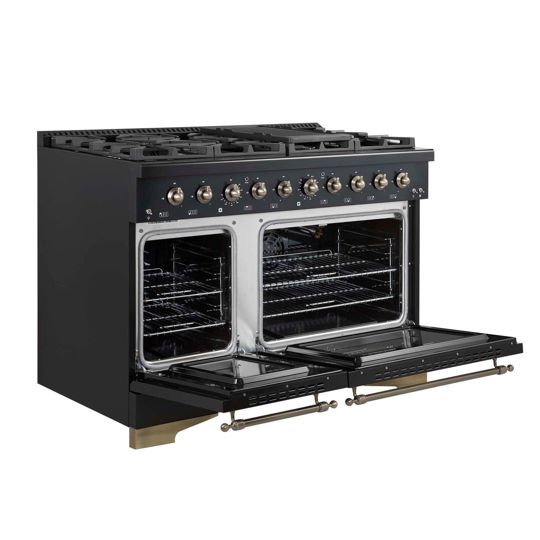 Forno Antico 48-Inch Dual Fuel Range, Black with Antique Brass Finish, 8 Burners, 94,000 BTU, 5.5 cu.ft. Double Ovens & Griddle