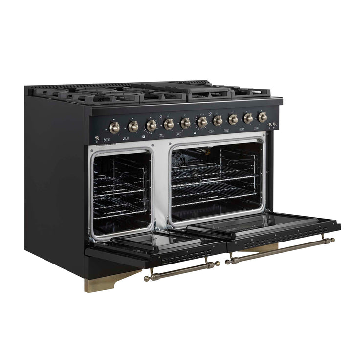 Forno Antico 48-Inch Dual Fuel Range, Black with Antique Brass Finish, 8 Burners, 94,000 BTU, 5.5 cu.ft. Double Ovens & Griddle