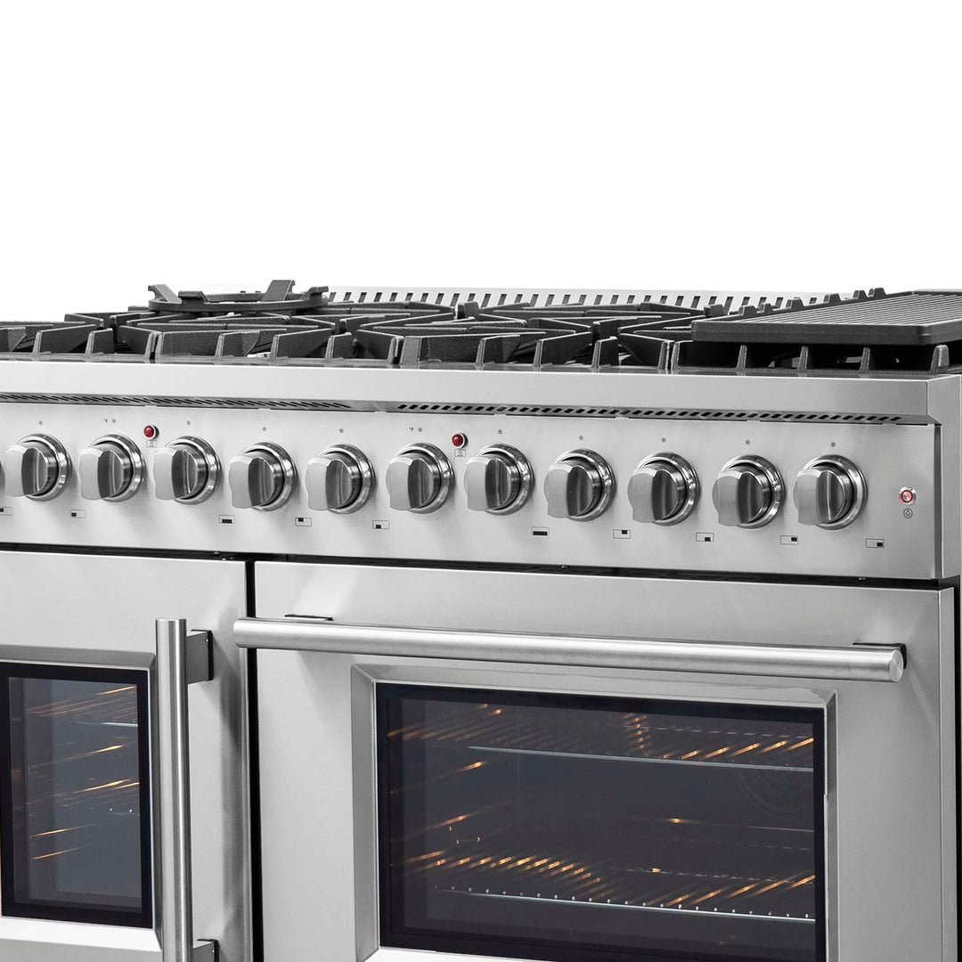FORNO Galiano 48-Inch French Door Dual Fuel Range All Stainless Steel, 8 Sealed Burners, 107,000 BTU, Griddle, 6.58 cu.ft. Double Ovens