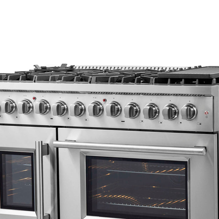 FORNO Galiano 48-Inch French Door Dual Fuel Range All Stainless Steel, 8 Sealed Burners, 107,000 BTU, Griddle, 6.58 cu.ft. Double Ovens
