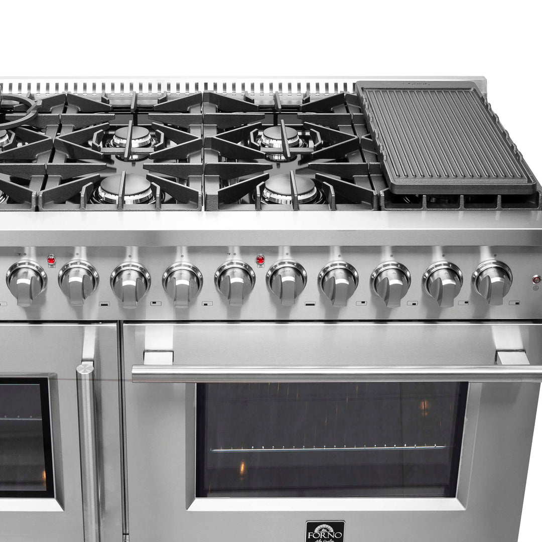 FORNO Galiano 48-Inch French Door Dual Fuel Range All Stainless Steel, 8 Sealed Burners, 107,000 BTU, Griddle, 6.58 cu.ft. Double Ovens