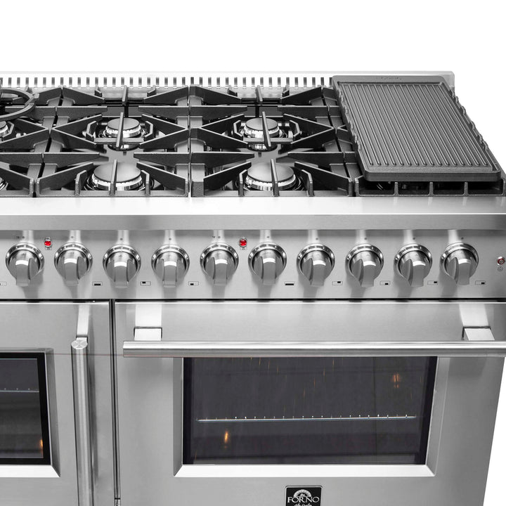 FORNO Galiano 48-Inch French Door Dual Fuel Range All Stainless Steel, 8 Sealed Burners, 107,000 BTU, Griddle, 6.58 cu.ft. Double Ovens