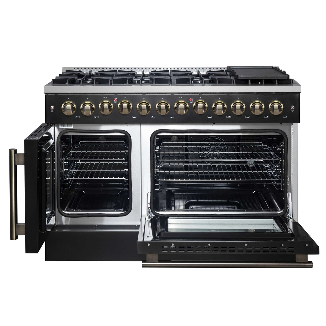 Forno Galiano 48-inch French Door Dual Fuel Range, Black & Antique Brass Design, 8 Sealed Burners - 107,000 BTU, Griddle, 6.58 cu.ft. Double Ovens