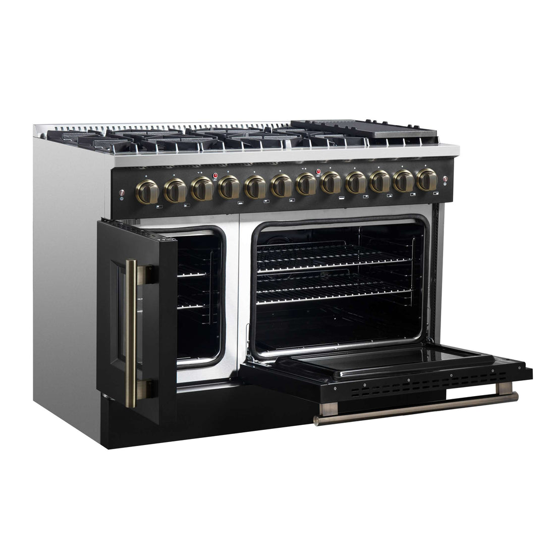 Forno Galiano 48-inch French Door Dual Fuel Range, Black & Antique Brass Design, 8 Sealed Burners - 107,000 BTU, Griddle, 6.58 cu.ft. Double Ovens