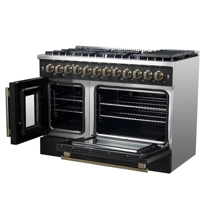 Forno Galiano 48-inch French Door Dual Fuel Range, Black & Antique Brass Design, 8 Sealed Burners - 107,000 BTU, Griddle, 6.58 cu.ft. Double Ovens