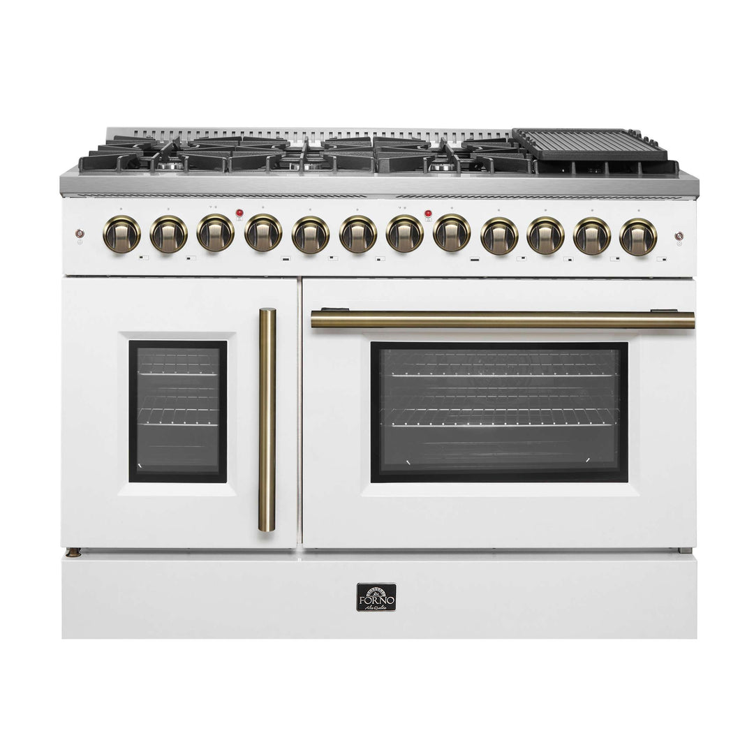 Forno Galiano 48-inch French Door Dual Fuel Range, White & Antique Brass Design, 8 Sealed Burners - 107,000 BTU, Griddle, 6.58 cu.ft. Double Ovens