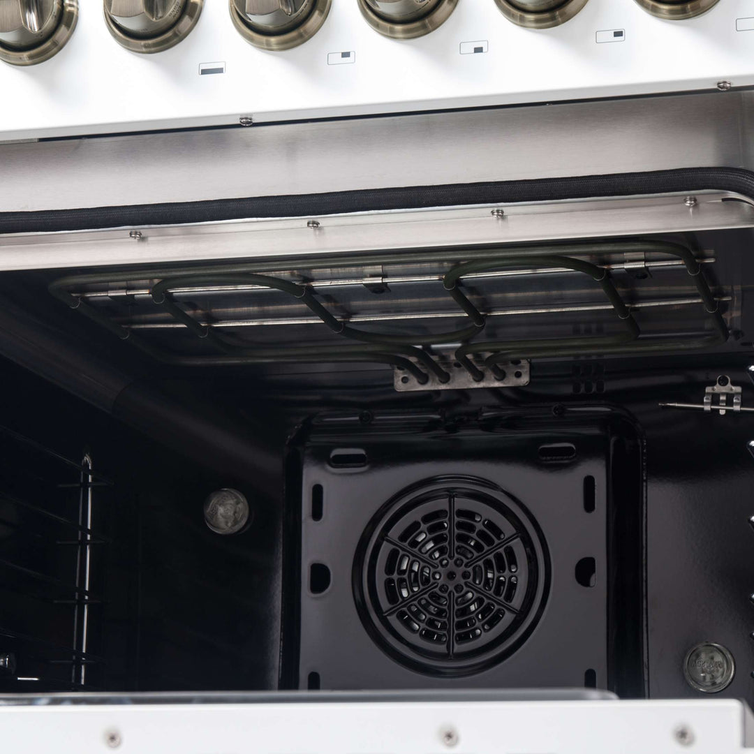 Forno Galiano 48-inch French Door Dual Fuel Range, White & Antique Brass Design, 8 Sealed Burners - 107,000 BTU, Griddle, 6.58 cu.ft. Double Ovens