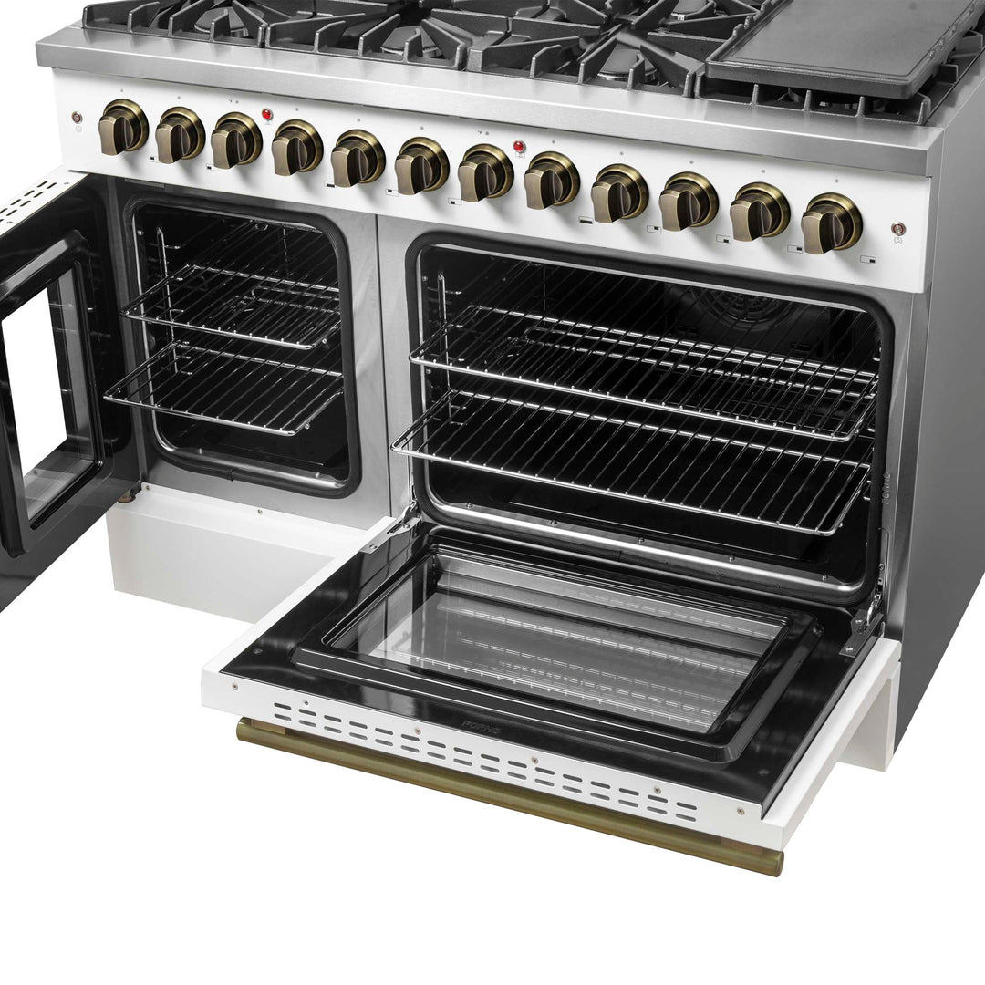 Forno Galiano 48-inch French Door Dual Fuel Range, White & Antique Brass Design, 8 Sealed Burners - 107,000 BTU, Griddle, 6.58 cu.ft. Double Ovens