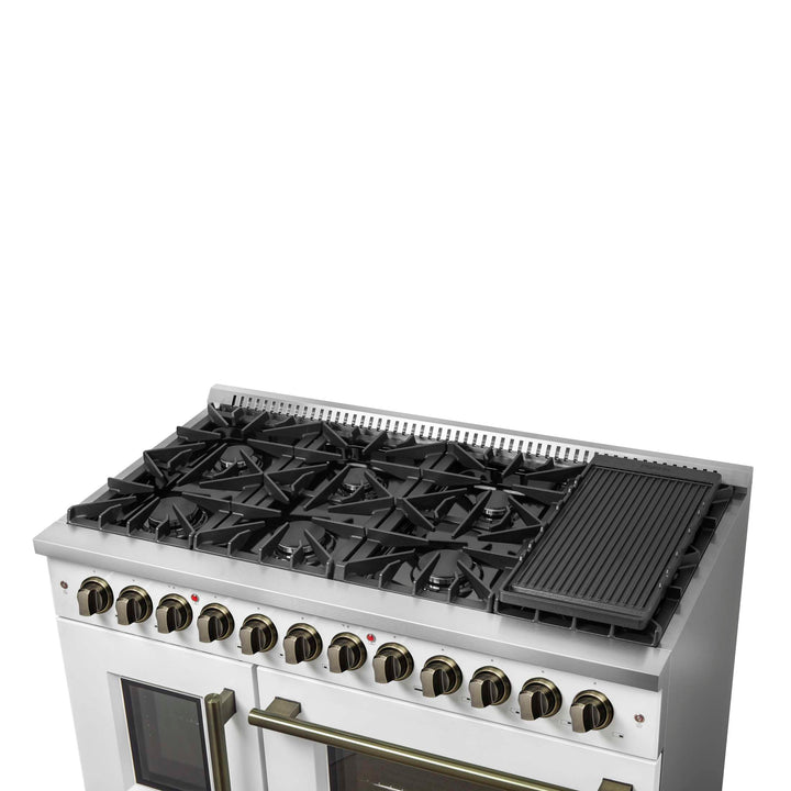 Forno Galiano 48-inch French Door Dual Fuel Range, White & Antique Brass Design, 8 Sealed Burners - 107,000 BTU, Griddle, 6.58 cu.ft. Double Ovens
