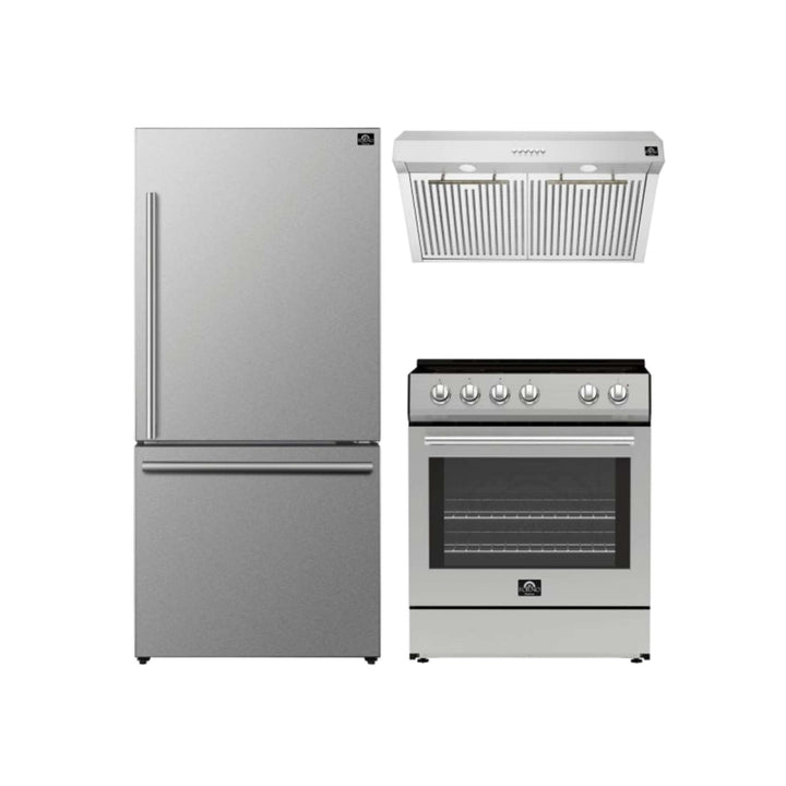 FORNO Premium 3-Piece Kitchen Bundle - Leonardo Espresso 30" Stainless Steel Range, 31" Stainless Steel Bottom Freezer Refrigerator, 30" Stainless Steel Under Cabinet Range Hood - FBDL-001-01US