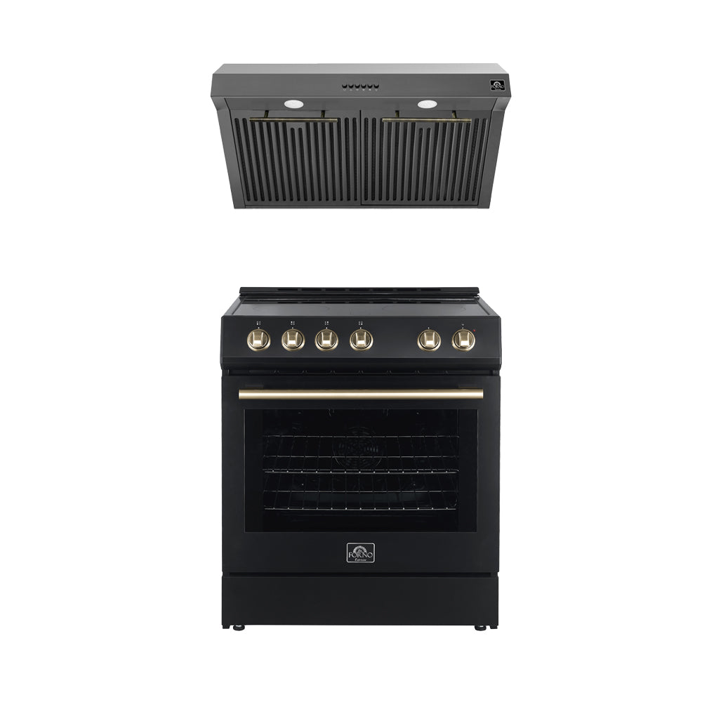 FORNO Premium 2-Piece Kitchen Bundle - Leonardo Espresso 30" Black Range, 30" Black Range Hood - FBDL-002-02US