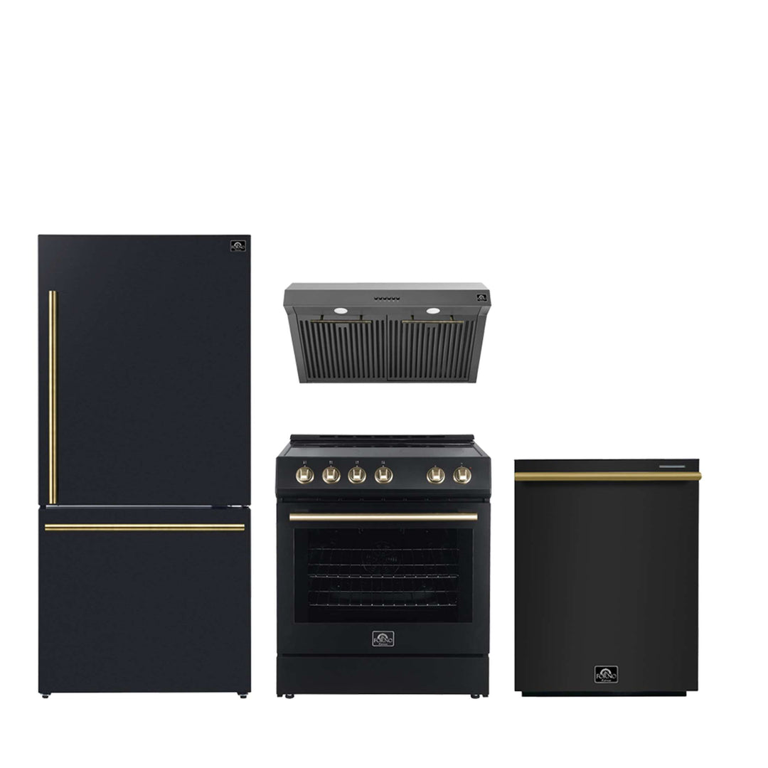 FORNO Premium 4-Piece Kitchen Bundle - Leonardo Espresso 30" Black Electric Range, 30" Black Range Hood, 31" Black Bottom Freezer Refrigerator, 24" Black Built-In Dishwasher - FBDL-006-02US