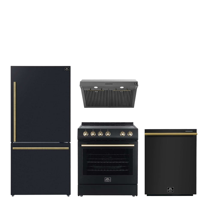 FORNO Premium 4-Piece Kitchen Bundle - Leonardo Espresso 30" Black Electric Range, 30" Black Range Hood, 31" Black Bottom Freezer Refrigerator, 24" Black Built-In Dishwasher - FBDL-006-02US