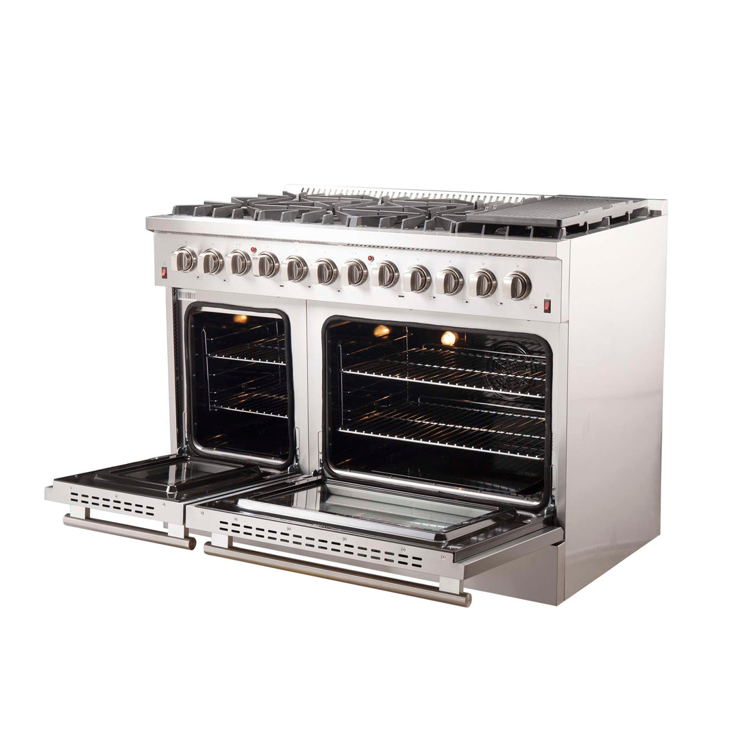 Forno Galiano 48-Inch Freestanding Dual Fuel Range, 8 Burners, Double Convection Ovens