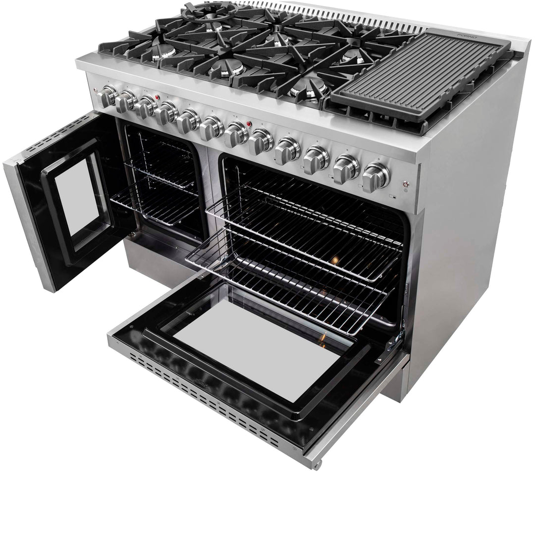 FORNO Galiano 48-Inch French Door Dual Fuel Range All Stainless Steel, 8 Sealed Burners, 107,000 BTU, Griddle, 6.58 cu.ft. Double Ovens