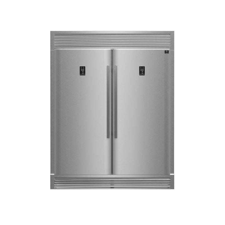 FORNO Premium 3-Piece Kitchen Bundle - FORNO Galiano 48" Freestanding Gas Range, FORNO Rizzuto 60" W. Dual Combo Convertible Refrigerator, FORNO 48" Wall Mount Range Hood - FBDL-018-02US