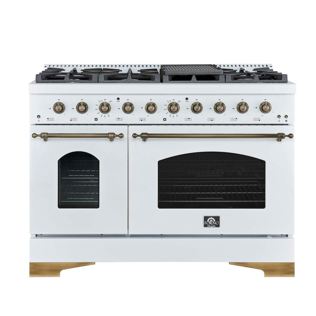 Forno Antico 48-Inch Freestanding Gas Range, White, Antique Brass Design, 8 Burners, Griddle, Double Ovens, Energy Efficient