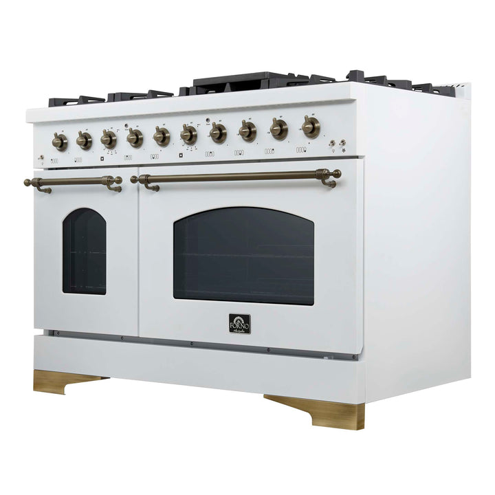 Forno Antico 48-Inch Freestanding Gas Range, White, Antique Brass Design, 8 Burners, Griddle, Double Ovens, Energy Efficient