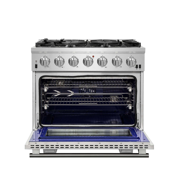 Forno Capriasca 36-Inch Gas Range, Stainless Steel, 6 Brass Burners, 120,000 BTU, Convection Oven, Energy Efficient