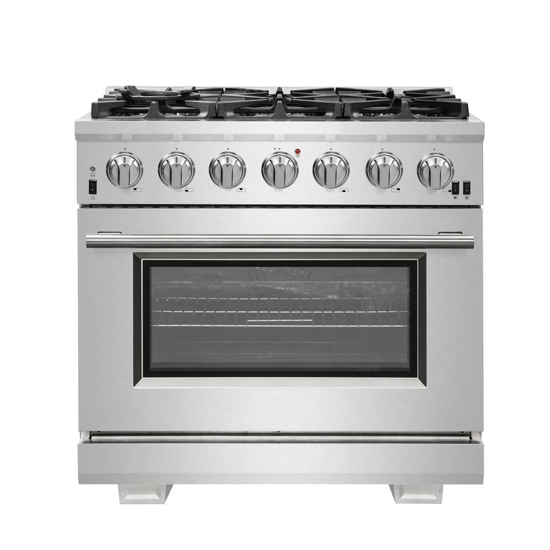 Forno Capriasca 36-Inch Gas Range, Stainless Steel, 6 Brass Burners, 120,000 BTU, Convection Oven, Energy Efficient