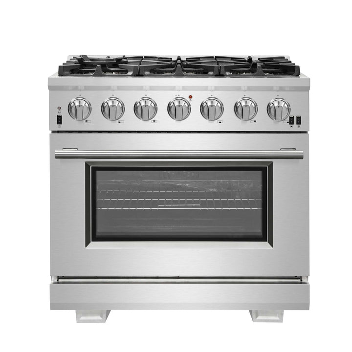 Forno Capriasca 36-Inch Gas Range, Stainless Steel, 6 Brass Burners, 120,000 BTU, Convection Oven, Energy Efficient