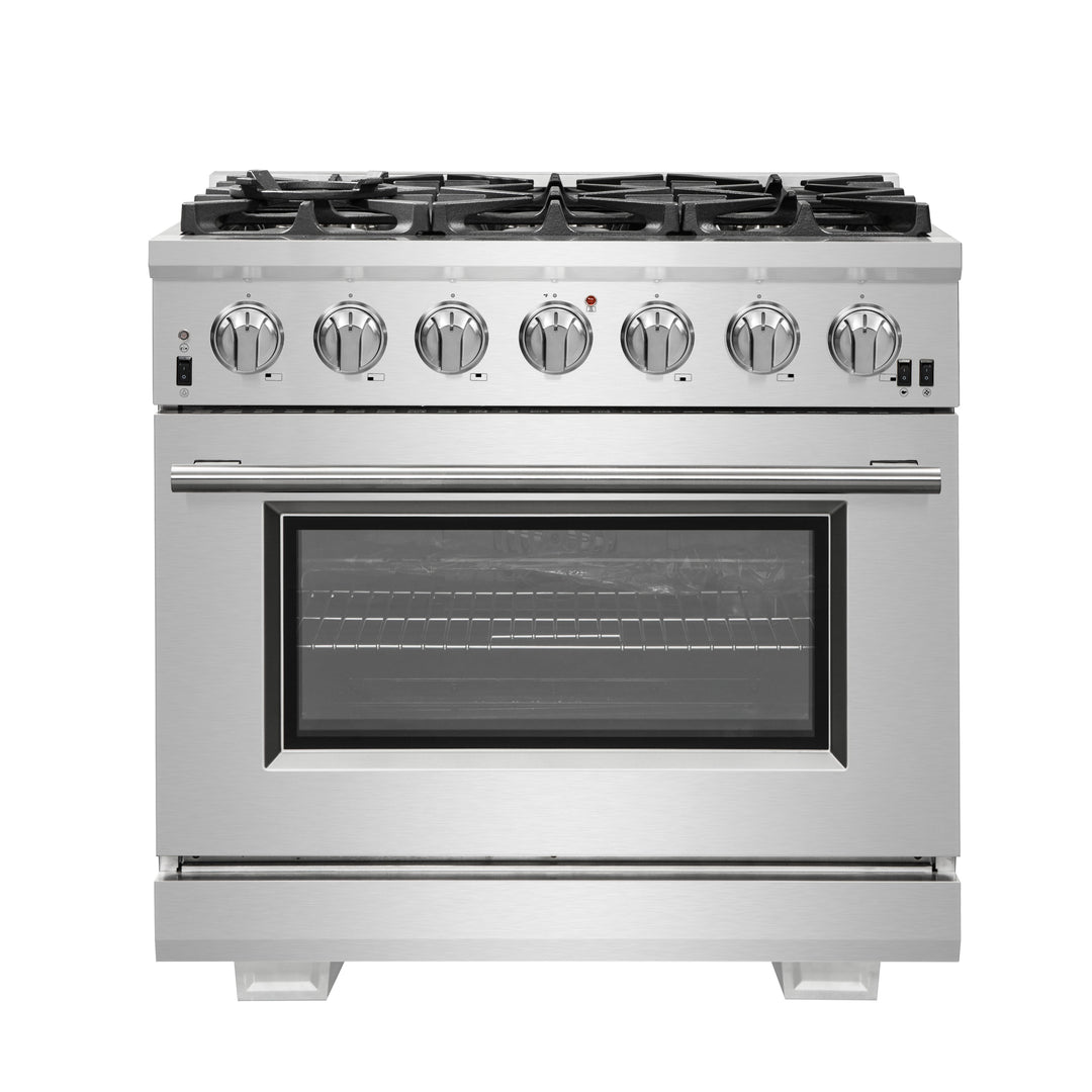 Forno Capriasca 36-Inch Gas Range, Stainless Steel, 6 Brass Burners, 120,000 BTU, Convection Oven, Energy Efficient