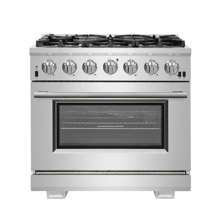 Forno Capriasca 36-Inch Gas Range, Stainless Steel, 6 Brass Burners, 120,000 BTU, Convection Oven, Energy Efficient