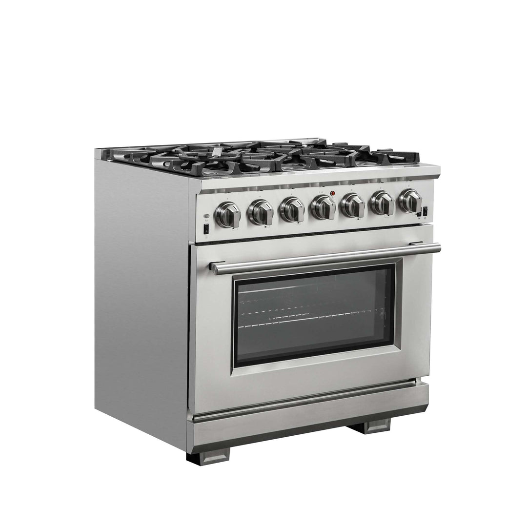 Forno Capriasca 36-Inch Gas Range, Stainless Steel, 6 Brass Burners, 120,000 BTU, Convection Oven, Energy Efficient