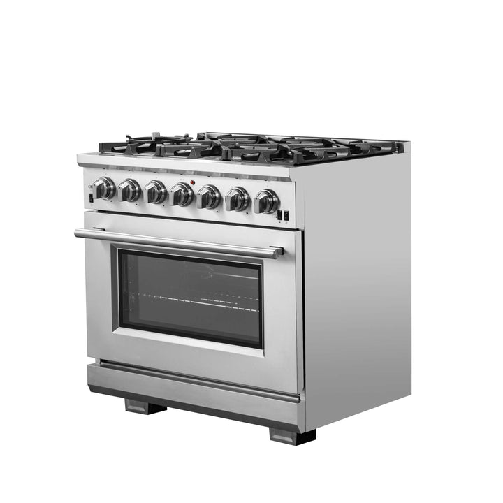 Forno Capriasca 36-Inch Gas Range, Stainless Steel, 6 Brass Burners, 120,000 BTU, Convection Oven, Energy Efficient