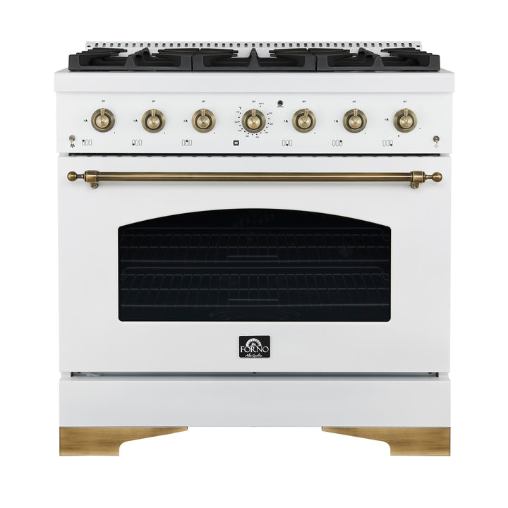 Forno Antico 36-Inch Freestanding Gas Range, White, Antique Brass Design, 6 Burners, Convection Oven, Energy Efficient