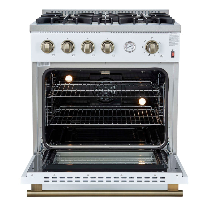 Marco 30-inch Gas Range White & Antique Brass Design, 4 Burners 37,000 BTU, 4.32 cu.ft. Convection Oven