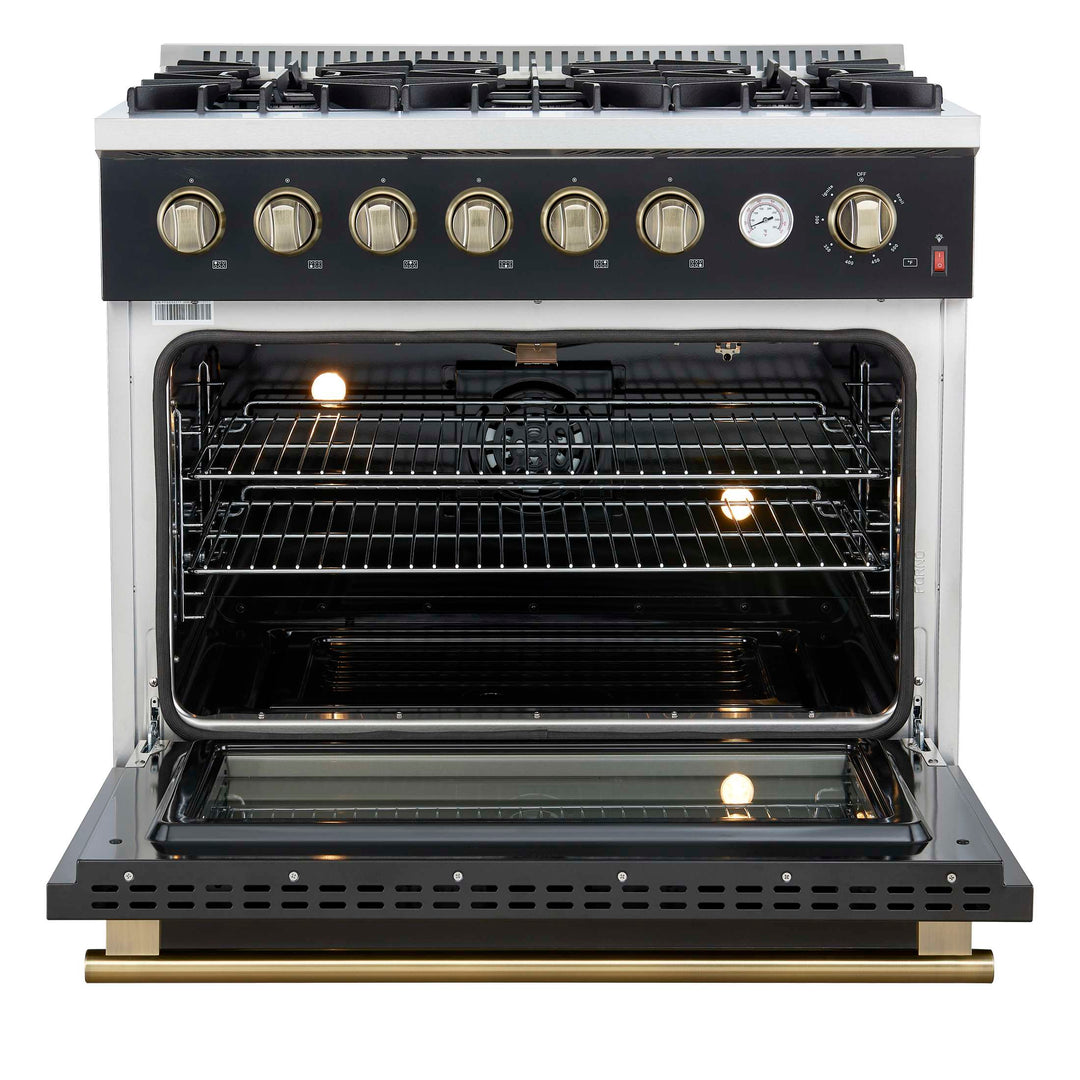 Marco 36-Inch Gas Range Black & Antique Brass Design, 6 Burners 67,000 BTU, 5.36 cu.ft. Convection Oven