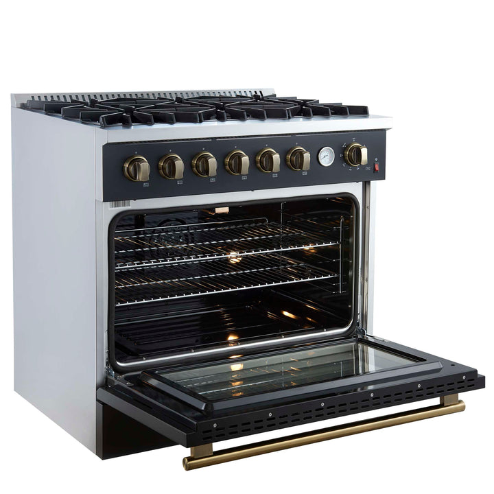 Marco 36-Inch Gas Range Black & Antique Brass Design, 6 Burners 67,000 BTU, 5.36 cu.ft. Convection Oven