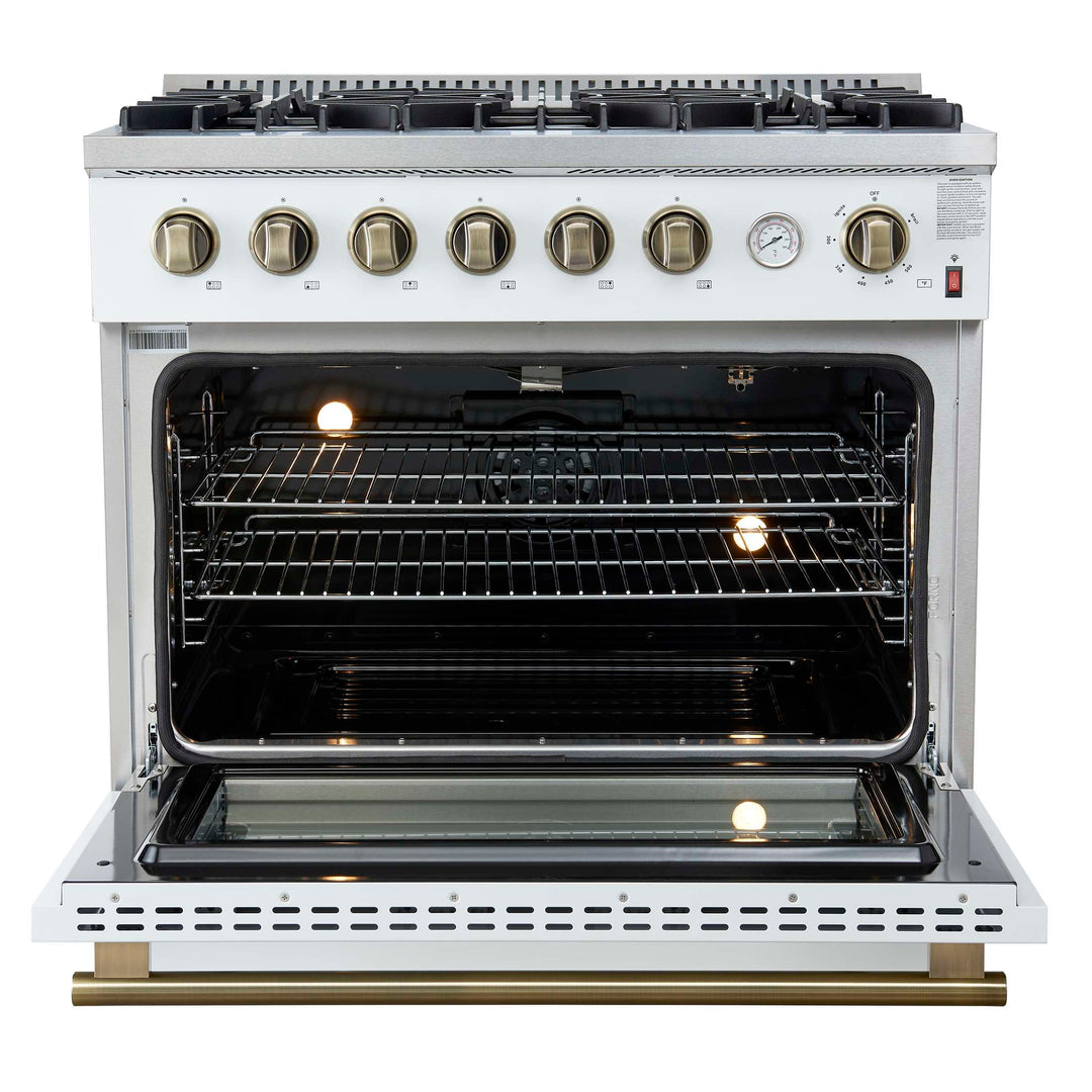 Marco 36-Inch Gas Range White & Antique Brass Design, 6 Burners 67,000 BTU, 5.36 cu.ft. Convection Oven