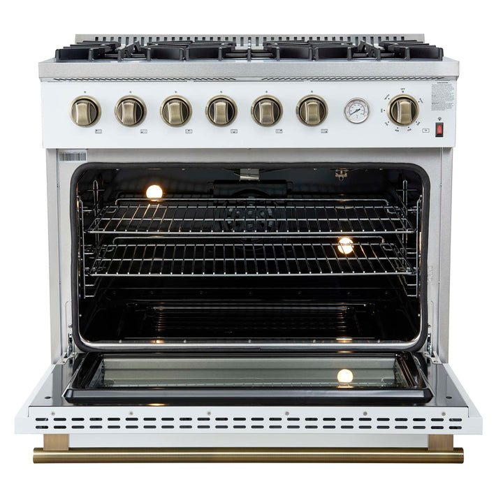 Marco 36-Inch Gas Range White & Antique Brass Design, 6 Burners 67,000 BTU, 5.36 cu.ft. Convection Oven