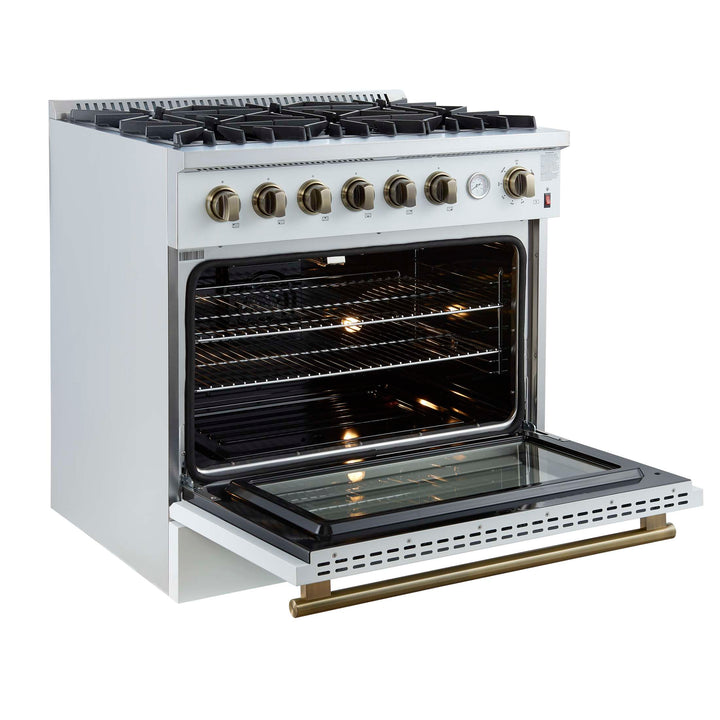 Marco 36-Inch Gas Range White & Antique Brass Design, 6 Burners 67,000 BTU, 5.36 cu.ft. Convection Oven