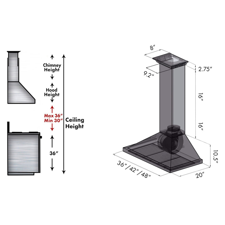 36" ZLINE CrownSoundâ„¢Ducted Vent Wall Mount Range Hood in Stainless Steel with Built-in Bluetooth Speakers (KBCRN-BT-36)