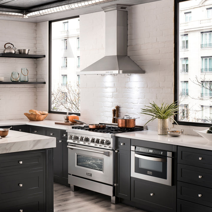 36" ZLINE CrownSoundâ„¢Ducted Vent Wall Mount Range Hood in Stainless Steel with Built-in Bluetooth Speakers (KBCRN-BT-36)